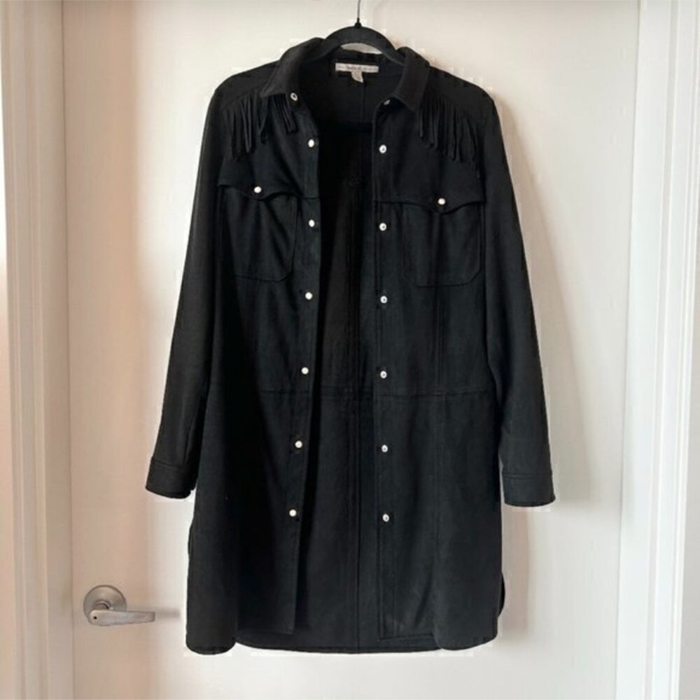 Zara Black Suede Fringe Button Down Jacket Size L